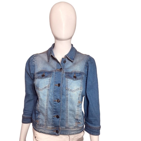 Vetinee Jackets & Blazers - Vetinee Jacket Womens Cropped Blue Denim 3/4 Sleeve Puff Distressed Faded